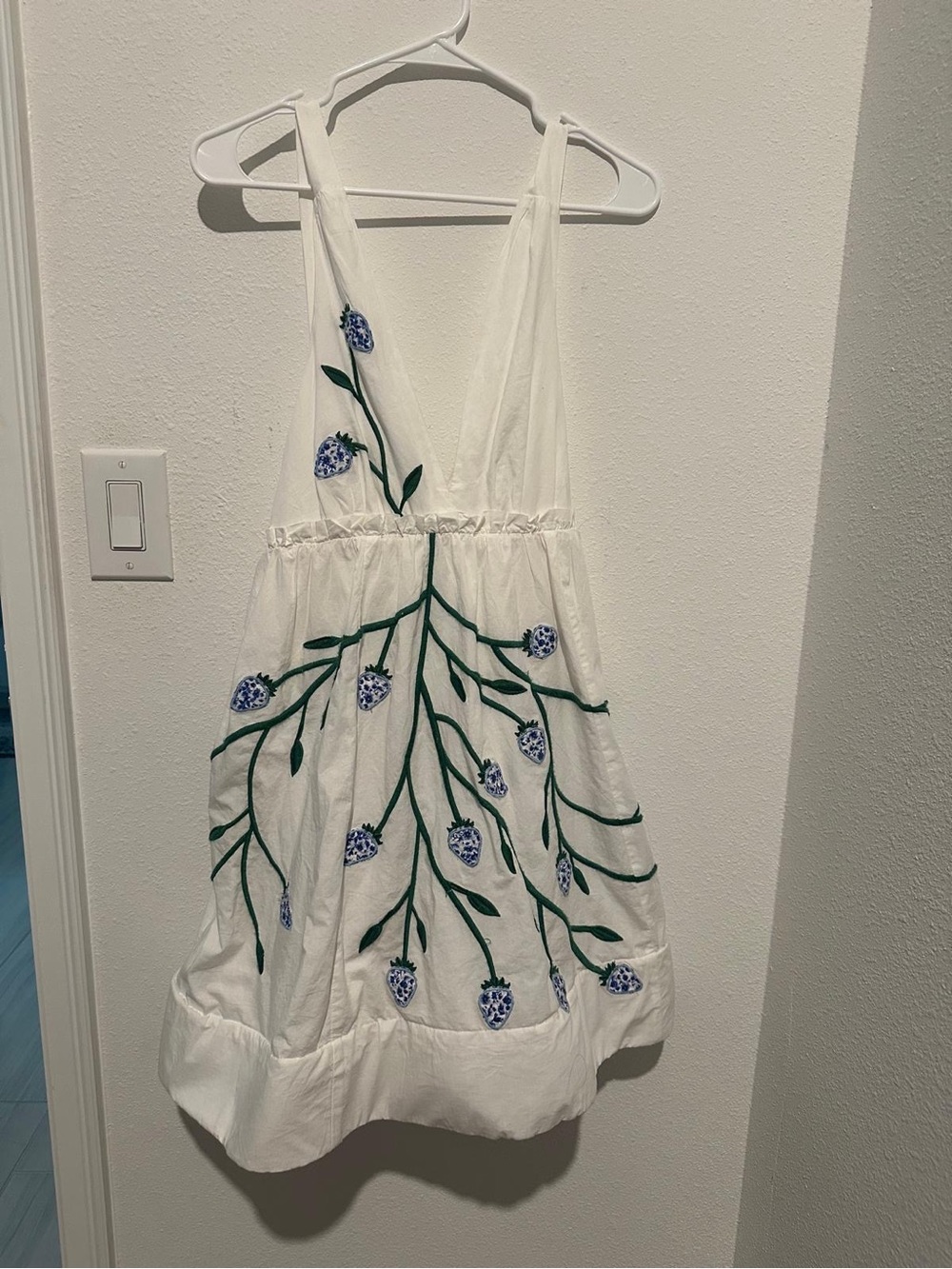 Maeve White V-Neck Embroidered Mini Dress with Green & Blue Floral Detail - Picture 2 of 2